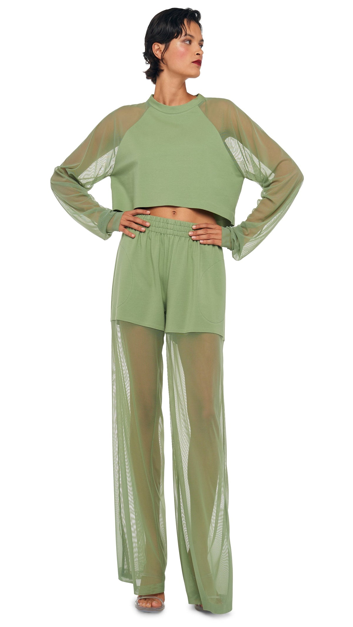 Norma Kamali OS RAGLAN CROPPED TOP W/ MESH