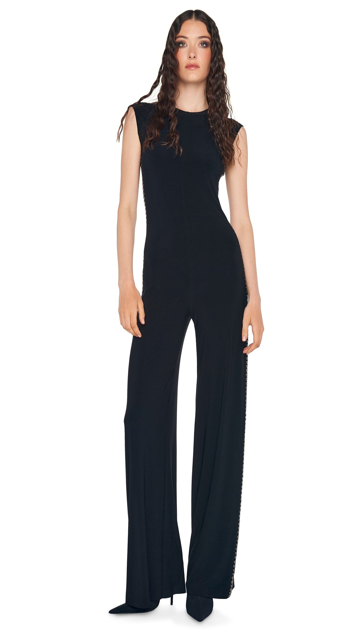 Norma Kamali GUNMETAL STUD SLEEVELESS JUMPSUIT
