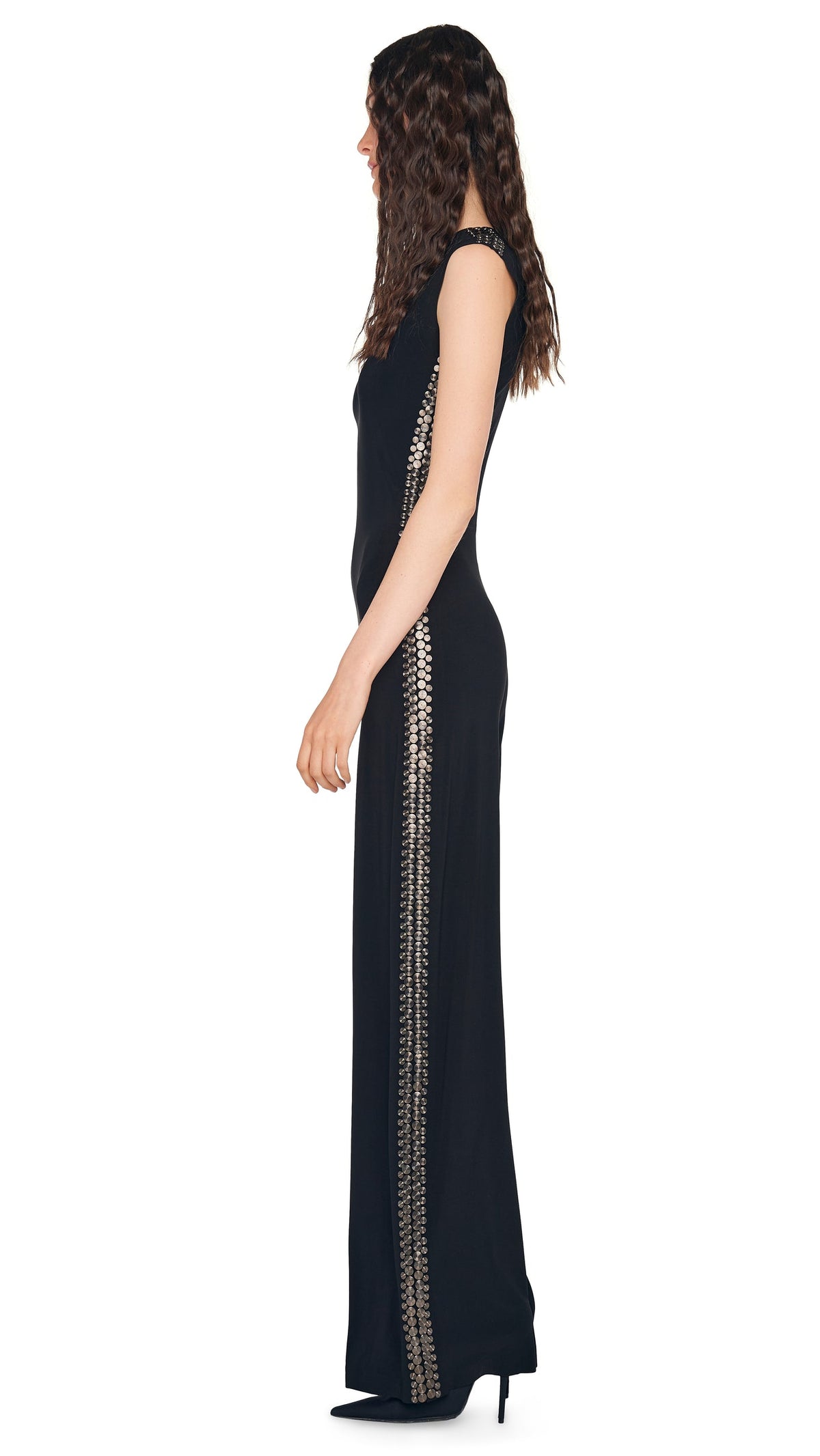 Norma Kamali GUNMETAL STUD SLEEVELESS JUMPSUIT