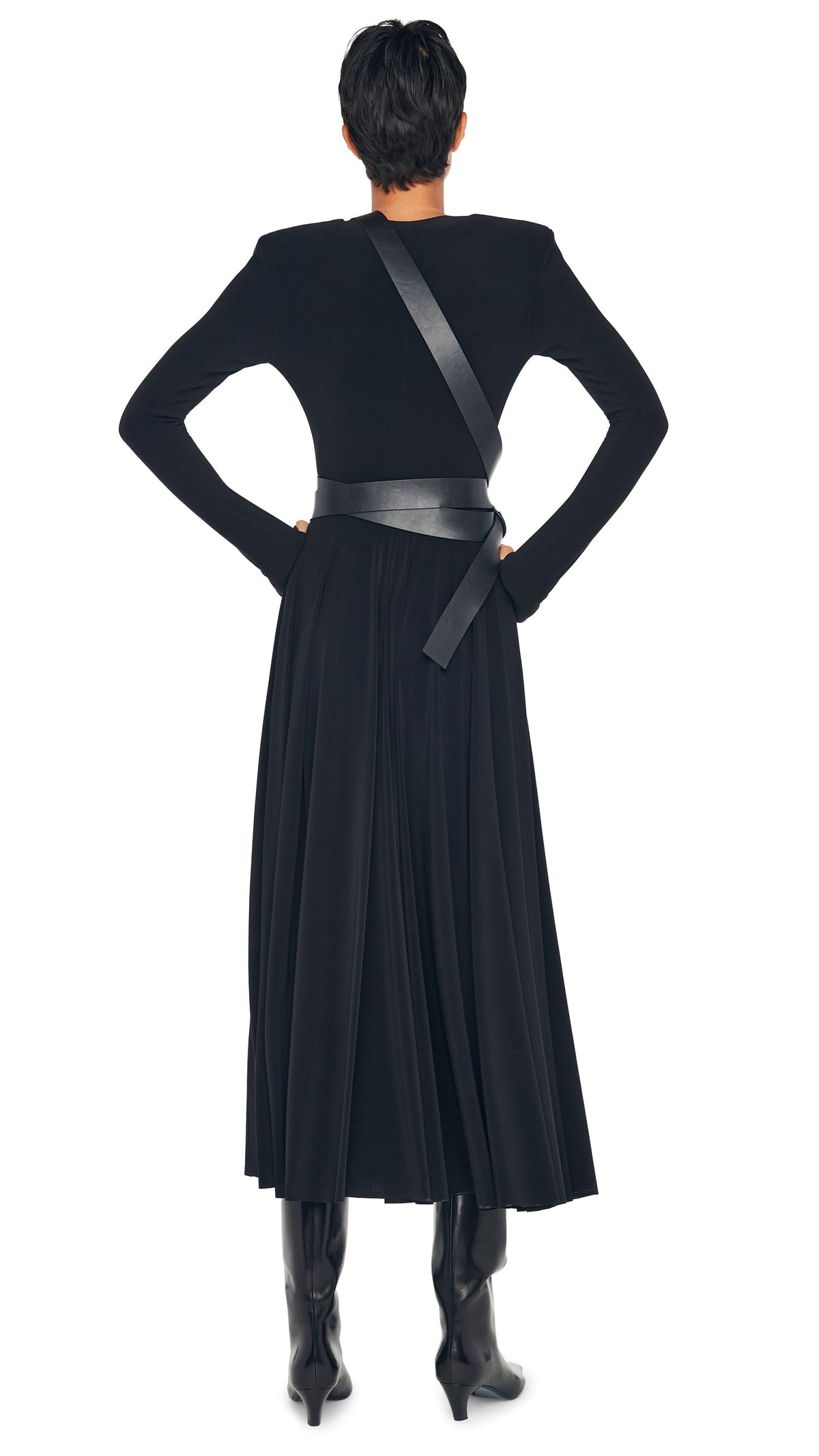 Norma Kamali LS SHOULDER PAD V NECK FLARED DRESS