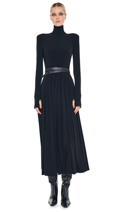 Norma Kamali LS SHOULDER PAD TURTLE FLARED DRESS