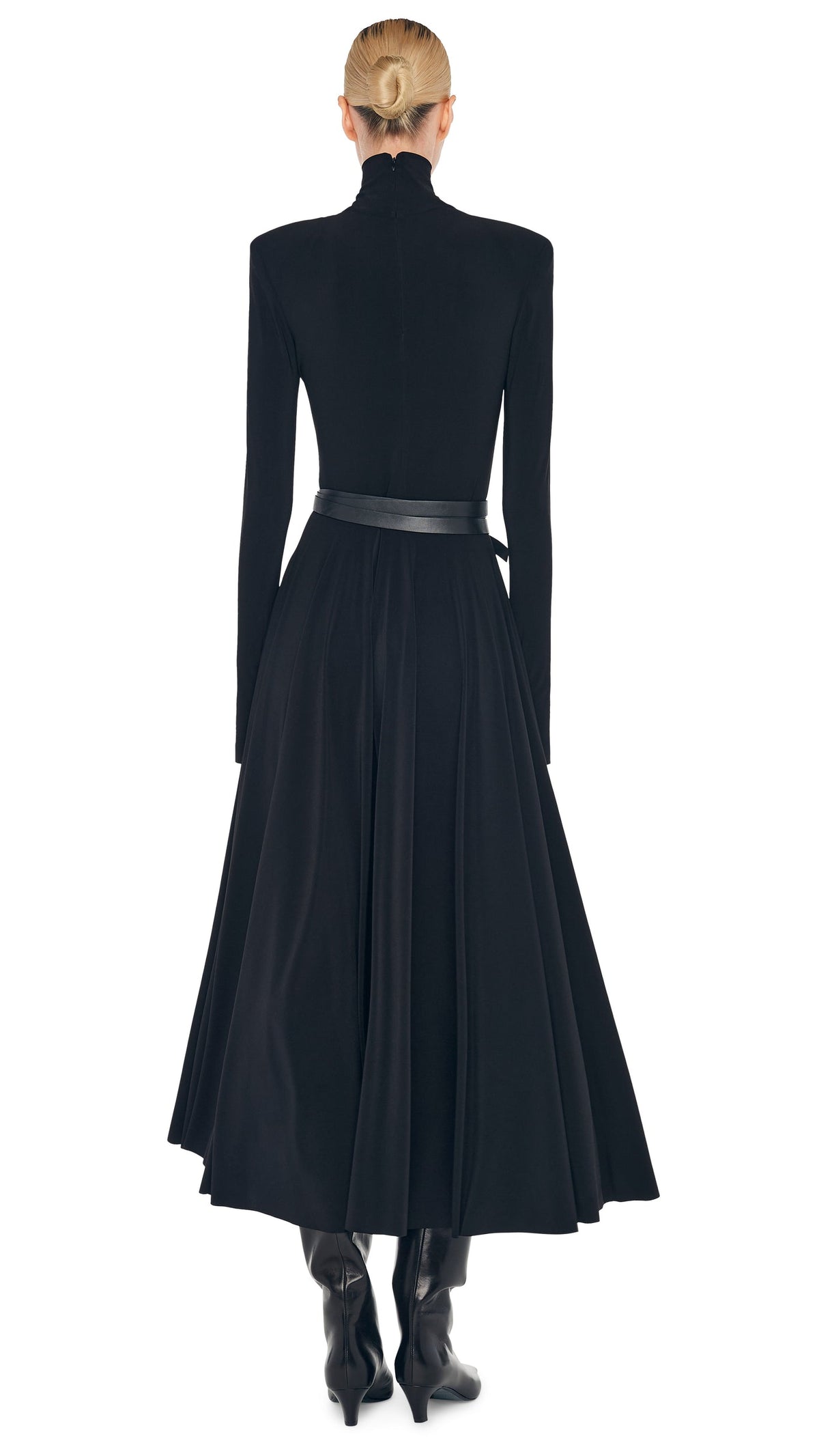 Norma Kamali LS SHOULDER PAD TURTLE FLARED DRESS