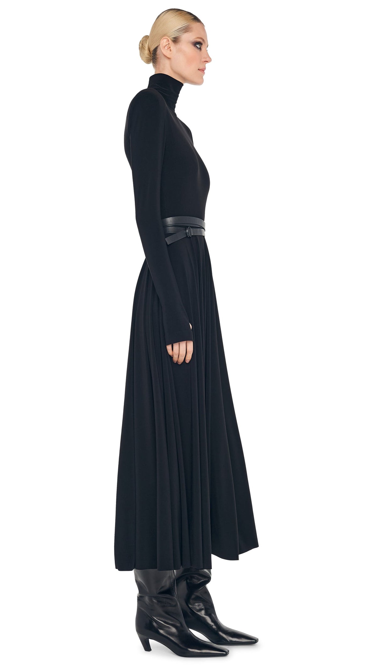 Norma Kamali LS SHOULDER PAD TURTLE FLARED DRESS