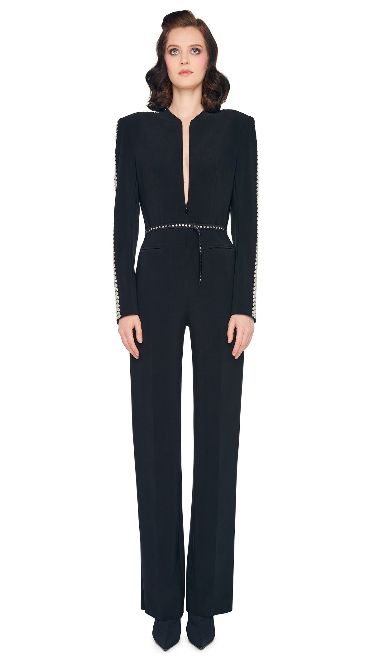 Norma Kamali STUD ZIP FRONT STRAIGHT LEG JUMPSUIT