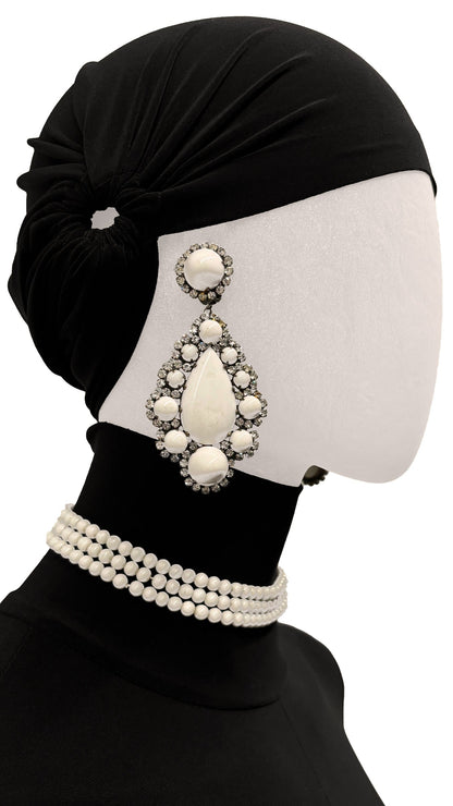 Norma Kamali RHINESTONE & MILK GLASS TEARDROP PENDANT EARRINGS