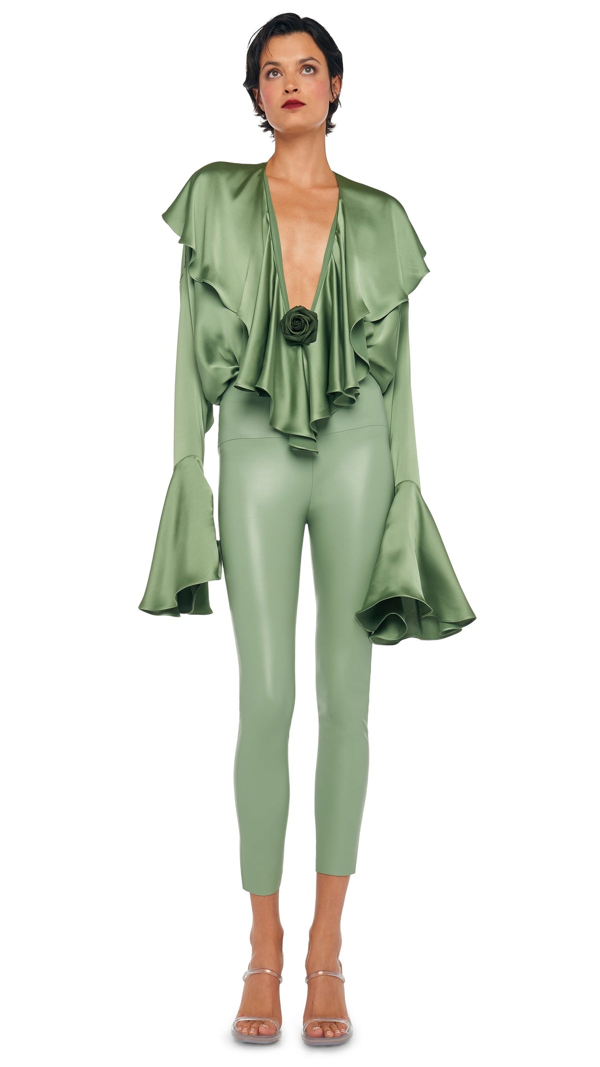 Norma Kamali LONG SLEEVE DEEP V RUFFLE BODYSUIT