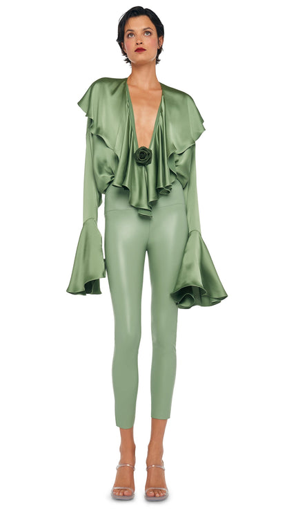 Norma Kamali LONG SLEEVE DEEP V RUFFLE BODYSUIT