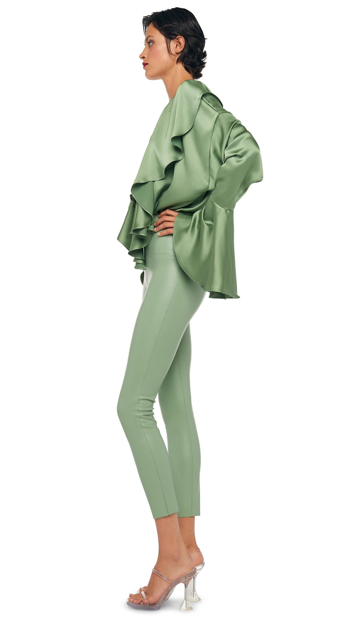 Norma Kamali LONG SLEEVE DEEP V RUFFLE BODYSUIT
