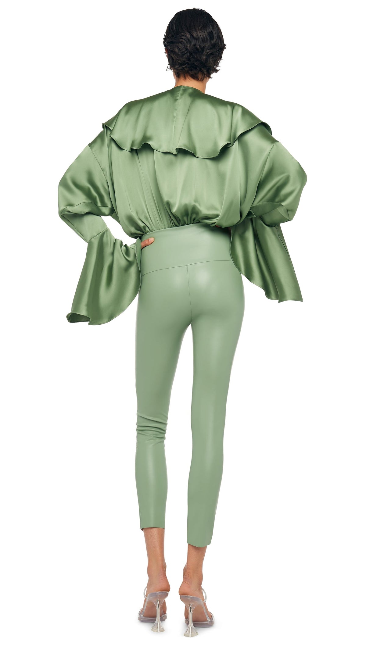 Norma Kamali LONG SLEEVE DEEP V RUFFLE BODYSUIT