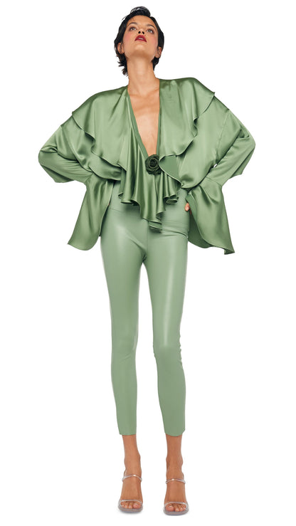 Norma Kamali LONG SLEEVE DEEP V RUFFLE BODYSUIT