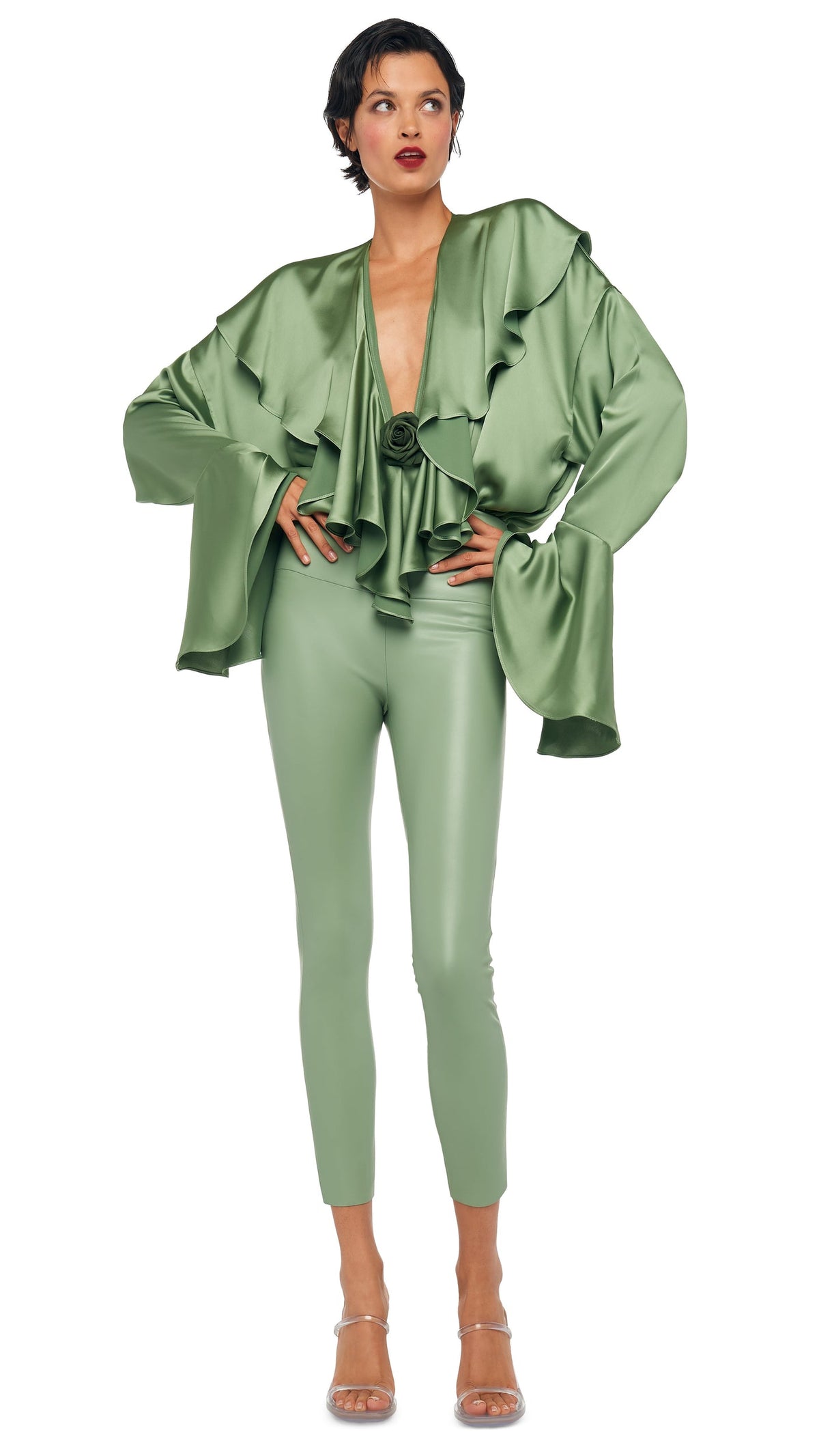 Norma Kamali LONG SLEEVE DEEP V RUFFLE BODYSUIT