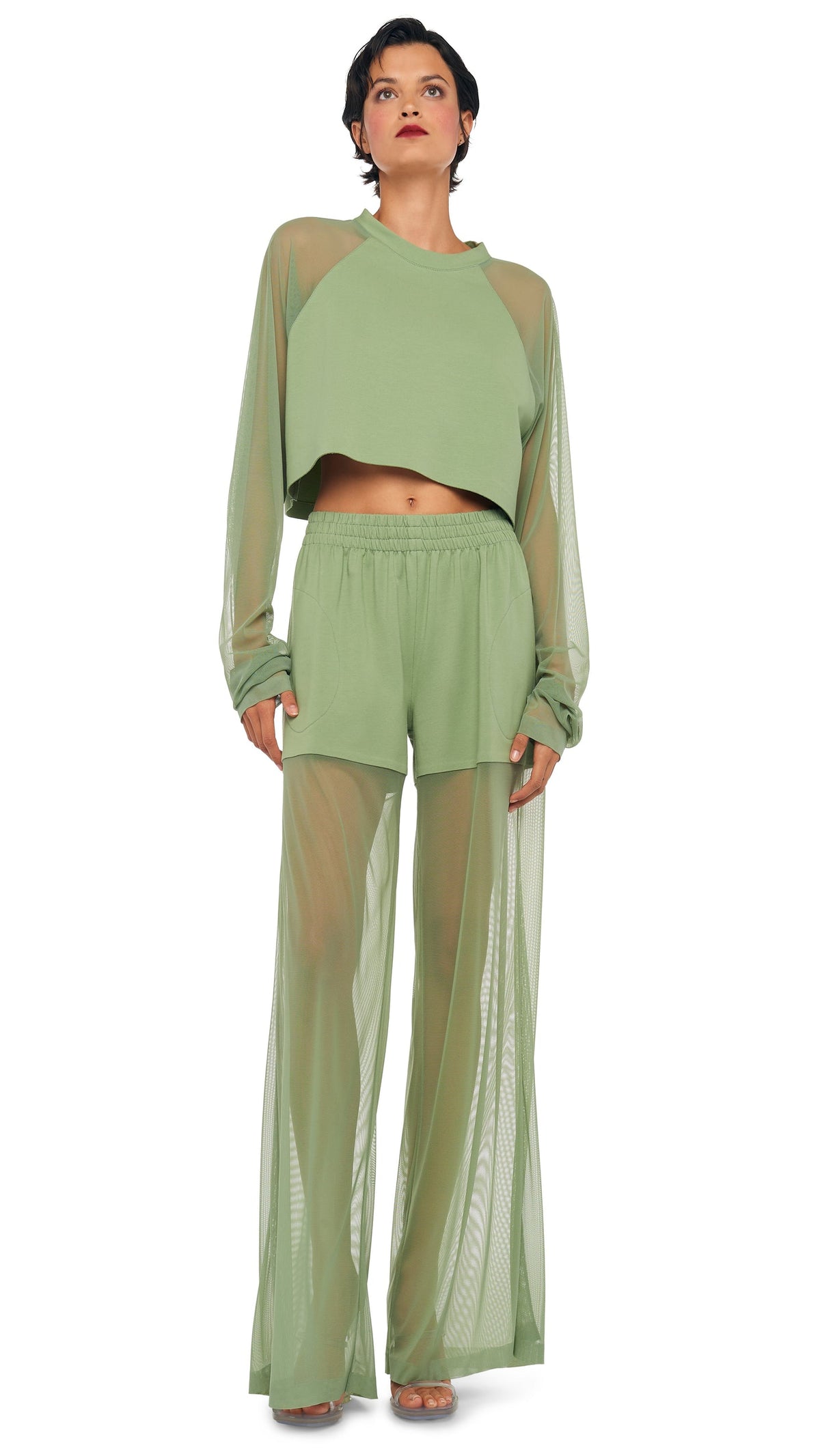 Norma Kamali OS RAGLAN CROPPED TOP W/ MESH
