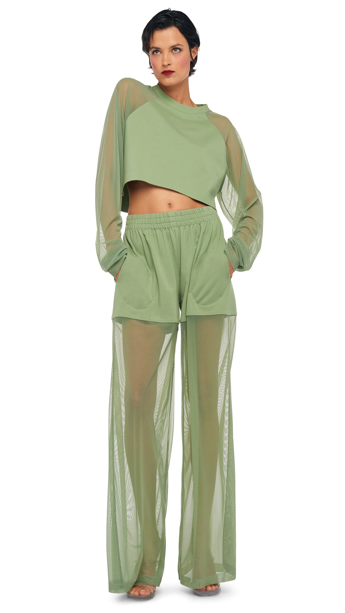 Norma Kamali OS RAGLAN CROPPED TOP W/ MESH