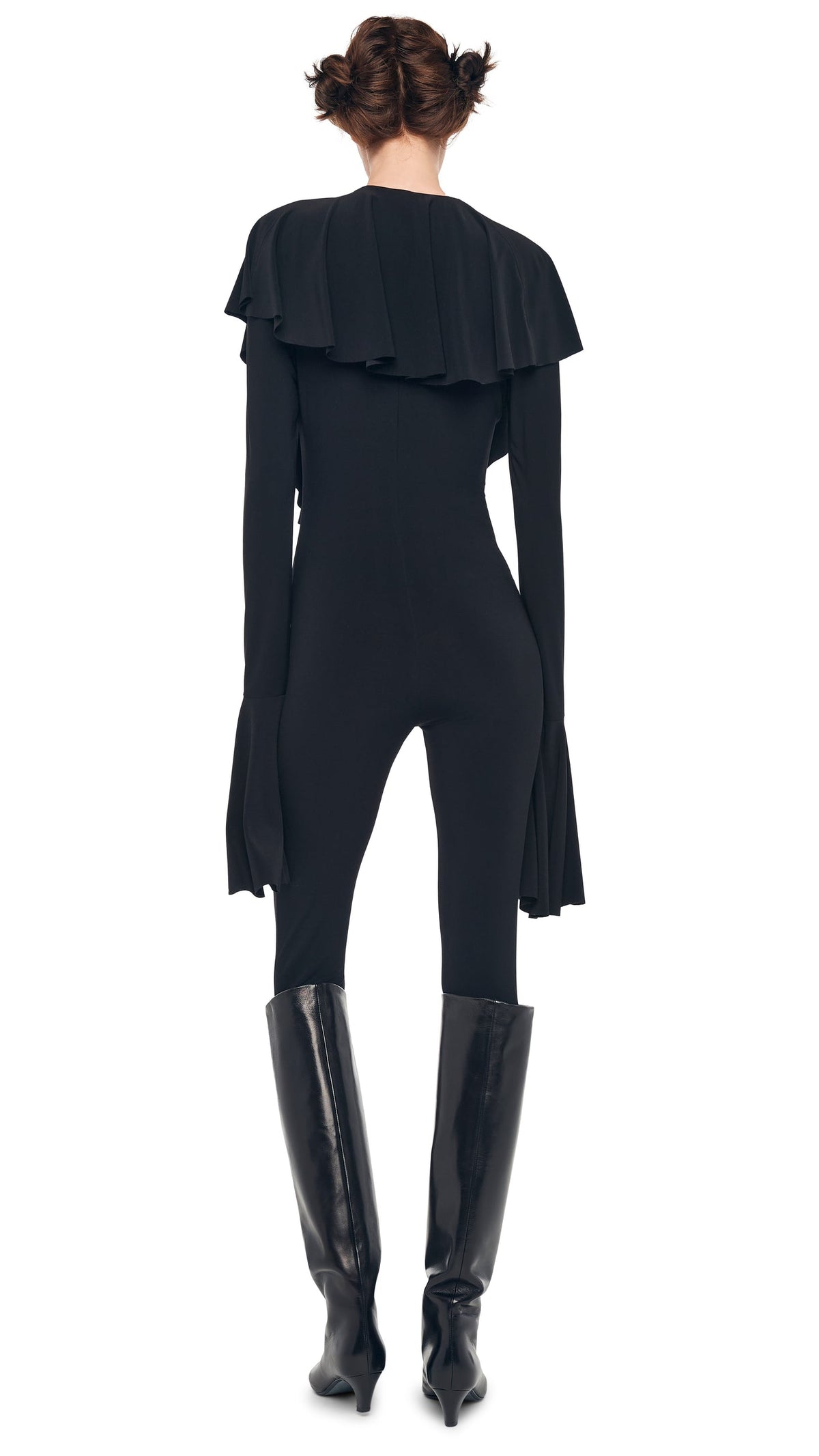Norma Kamali LS DEEP V RUFFLE CATSUIT W/ FOOTIE