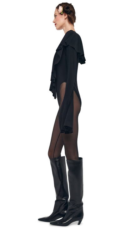 Norma Kamali LONG SLEEVE DEEP V RUFFLE BODYSUIT