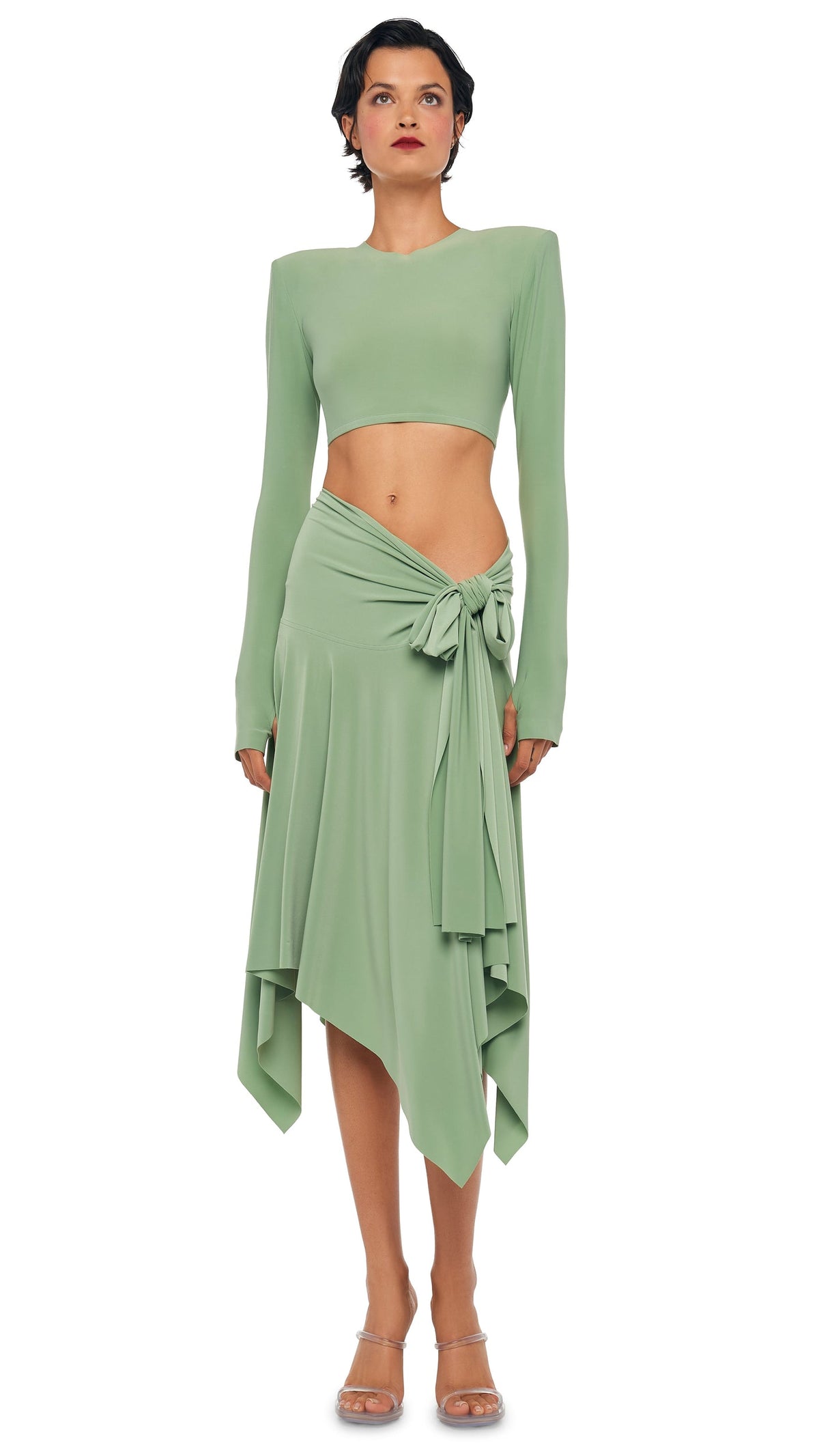 Norma Kamali CROPPED SHOULDER PAD LONG SLEEVE CREW TOP