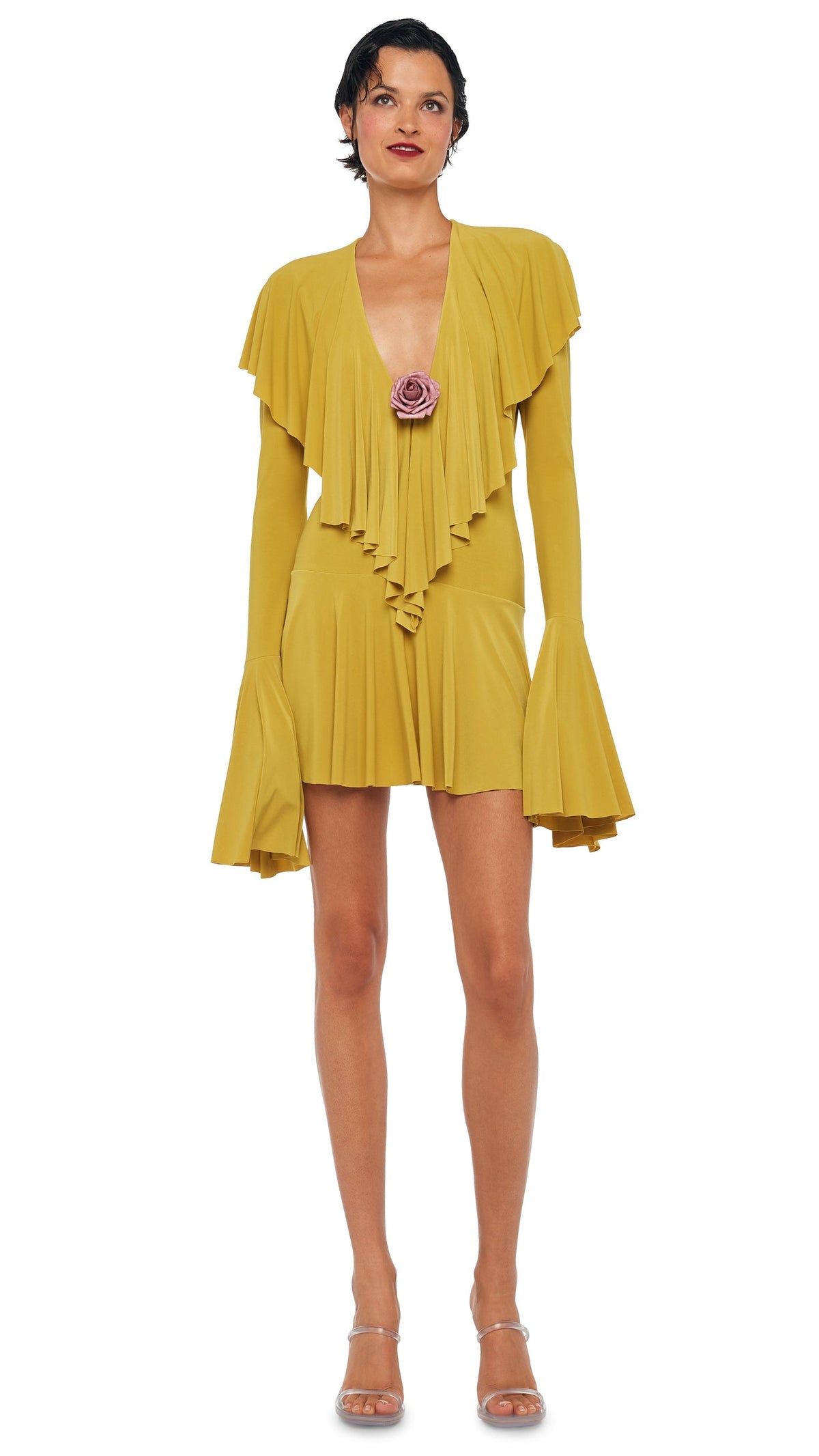 Norma Kamali LONG SLEEVE DEEP V RUFFLE MINI DRESS