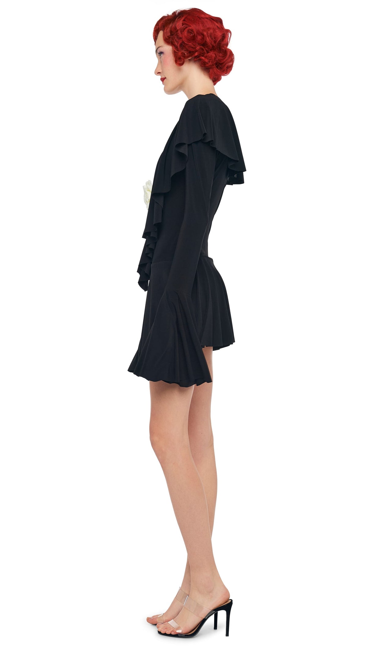 Norma Kamali LS DEEP V RUFFLE MINI DRESS