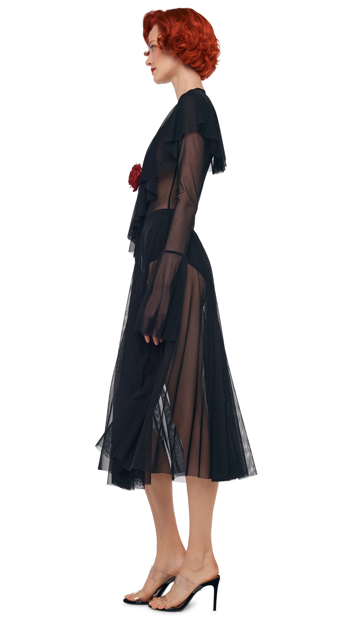 Norma Kamali LONG SLEEVE DEEP V RUFFLE BODYSUIT