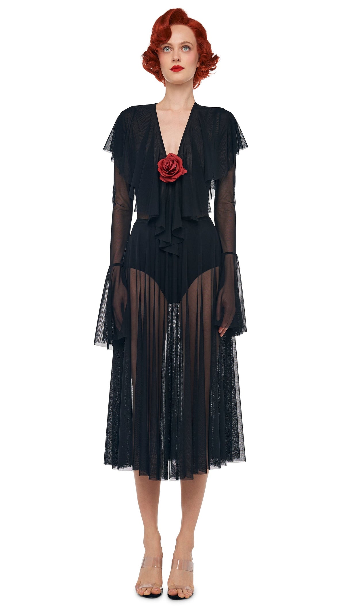 Norma Kamali LONG SLEEVE DEEP V RUFFLE BODYSUIT