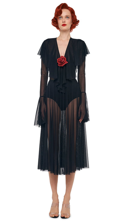Norma Kamali LONG SLEEVE DEEP V RUFFLE BODYSUIT