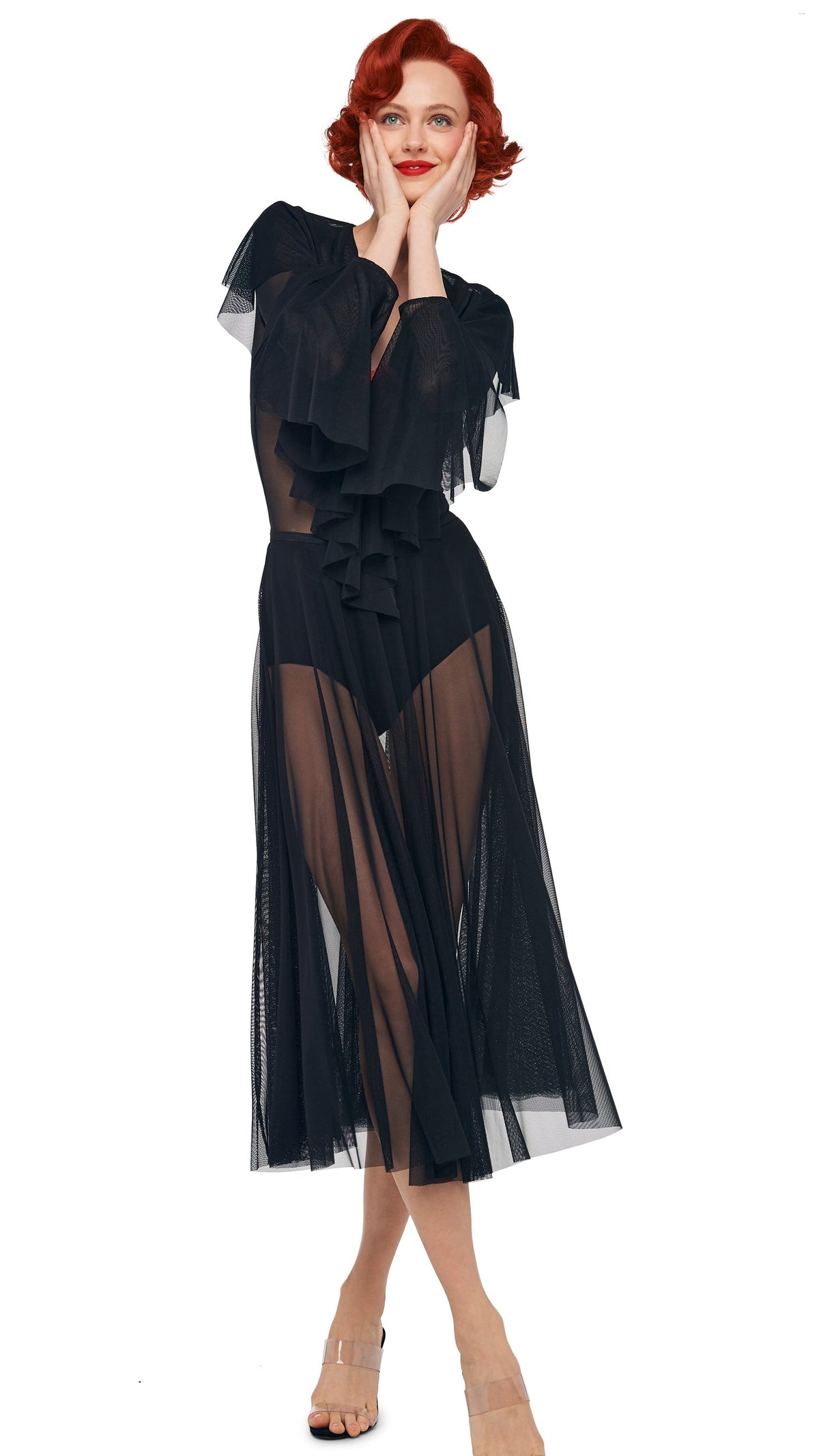 Norma Kamali LONG SLEEVE DEEP V RUFFLE BODYSUIT