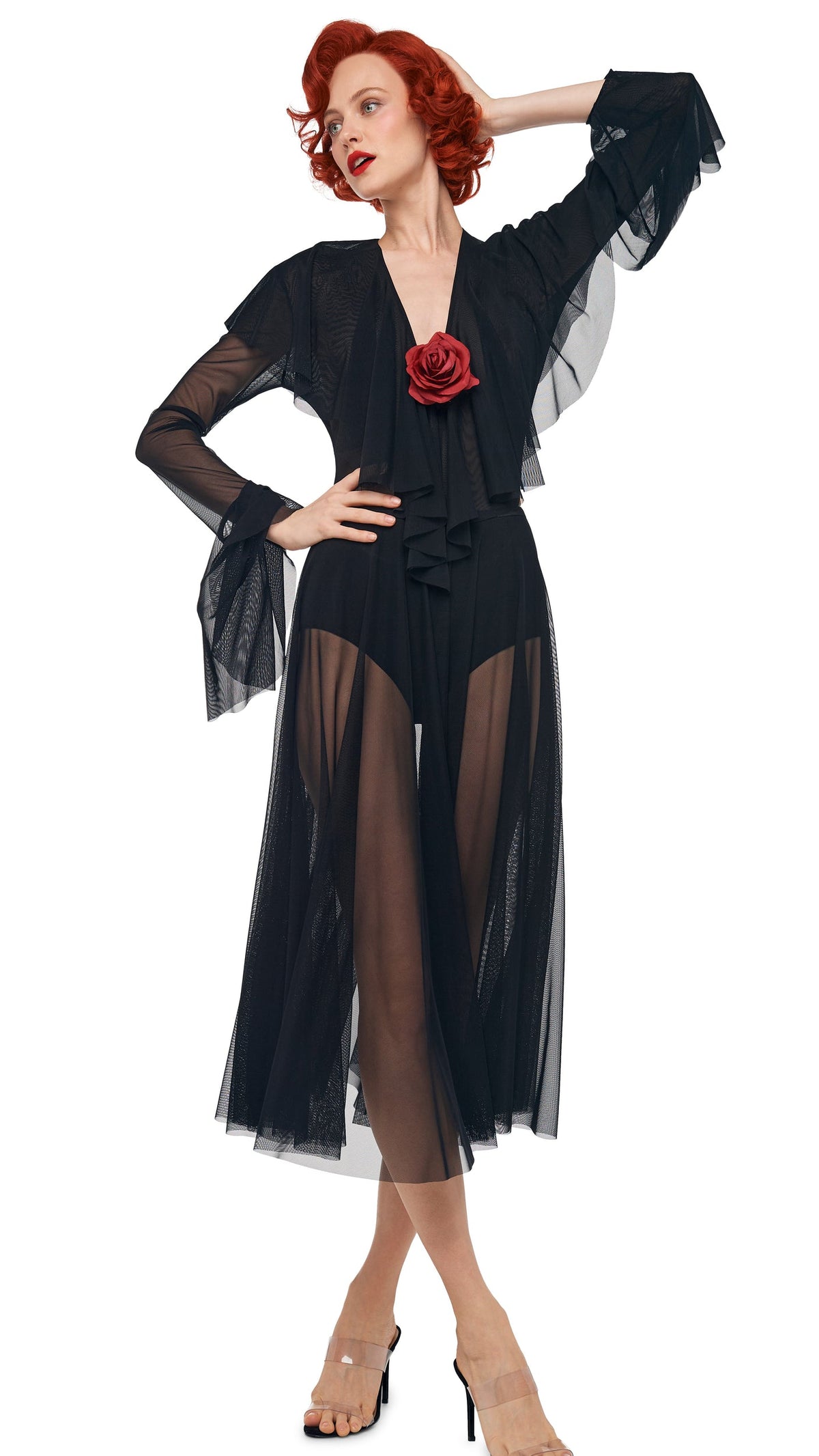 Norma Kamali LONG SLEEVE DEEP V RUFFLE BODYSUIT