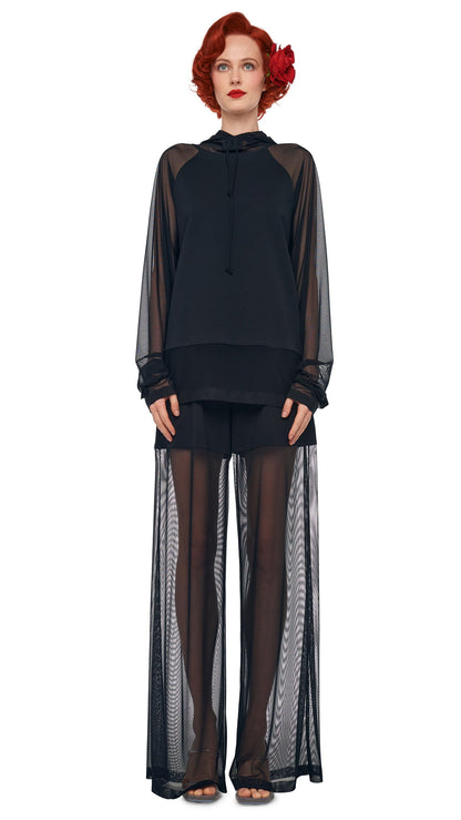 Norma Kamali OS RAGLAN SLEEVE HOODED TOP W/ MESH
