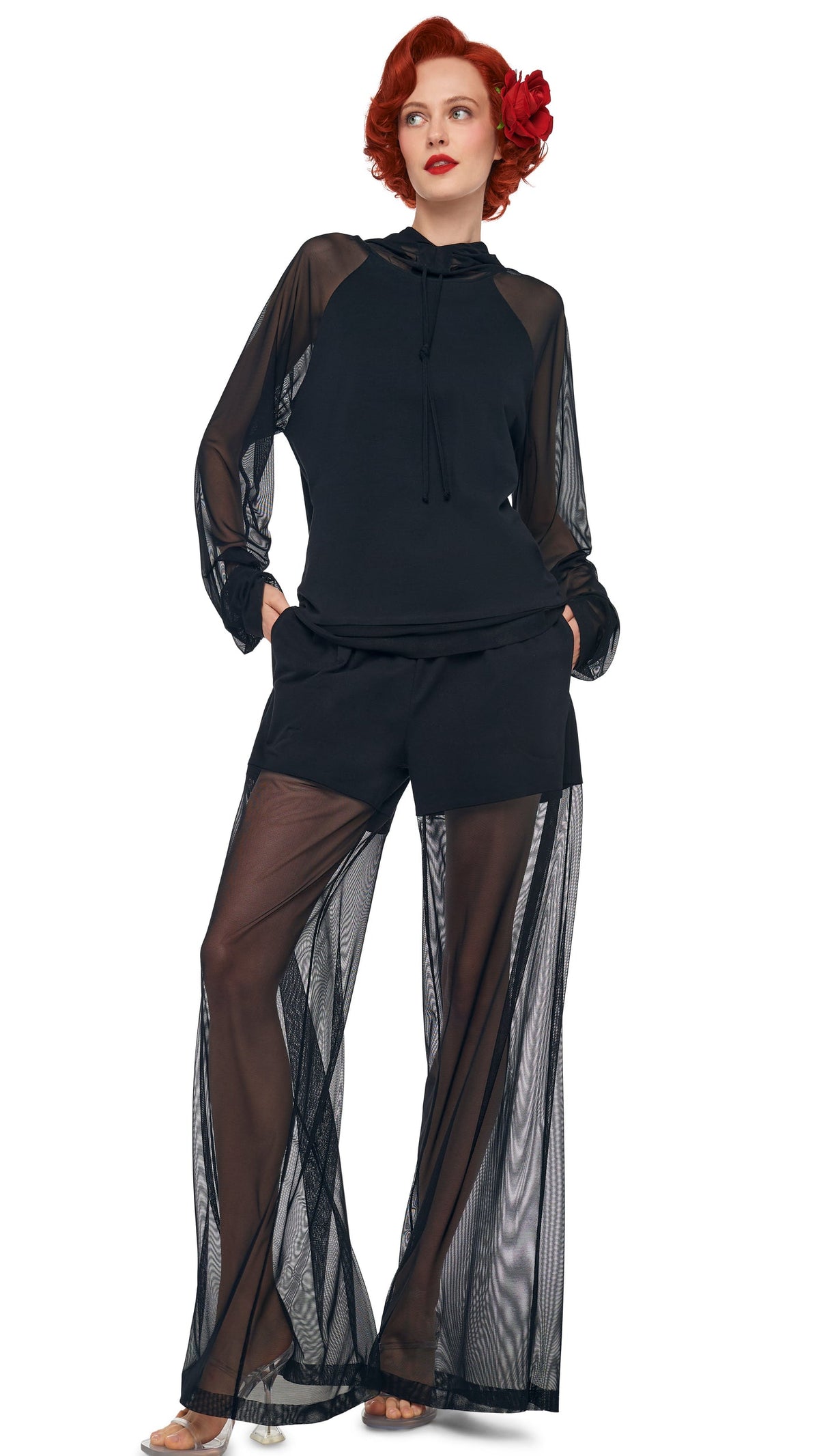 Norma Kamali OS RAGLAN SLEEVE HOODED TOP W/ MESH