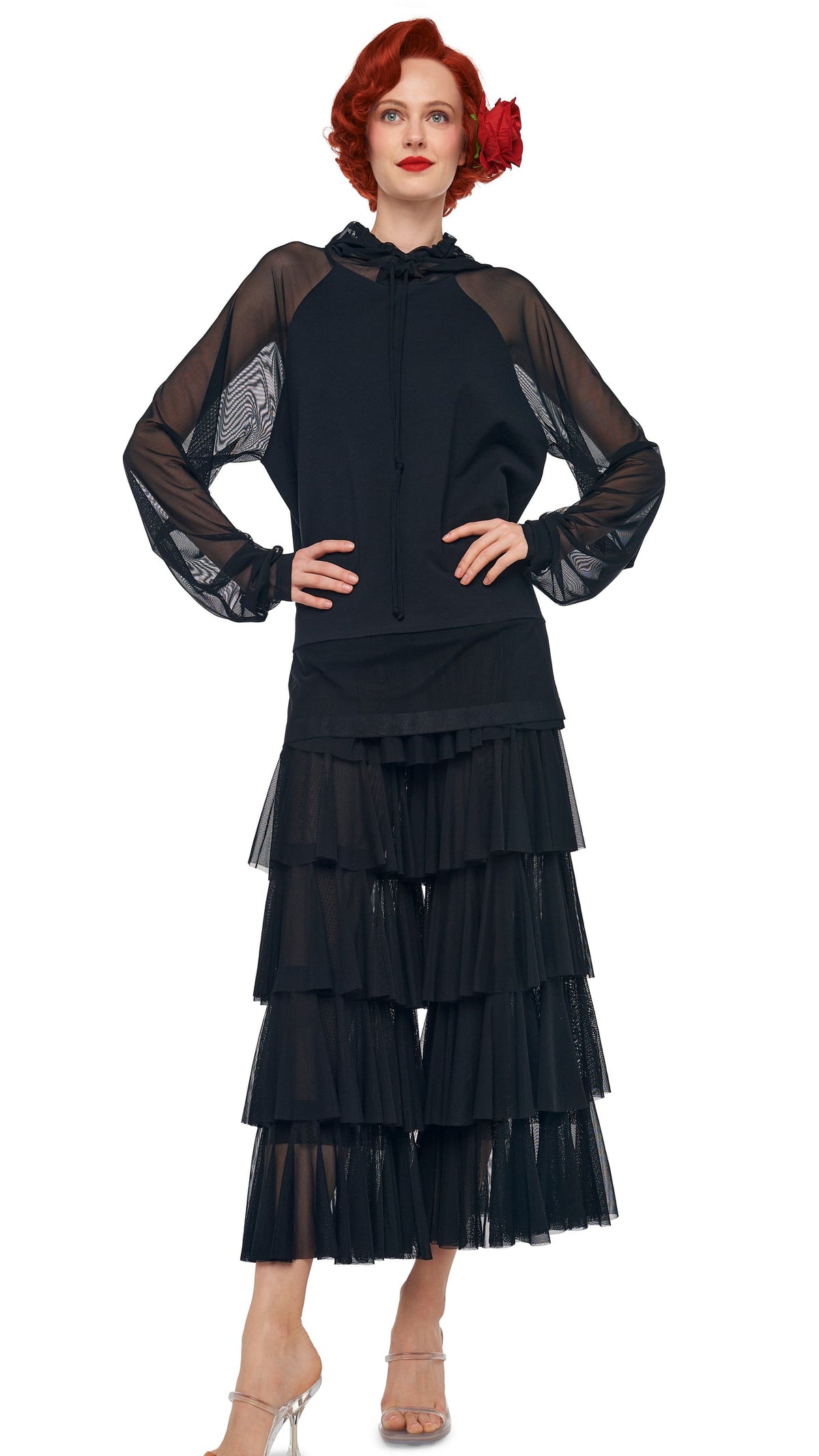 Norma Kamali OS RAGLAN SLEEVE HOODED TOP W/ MESH