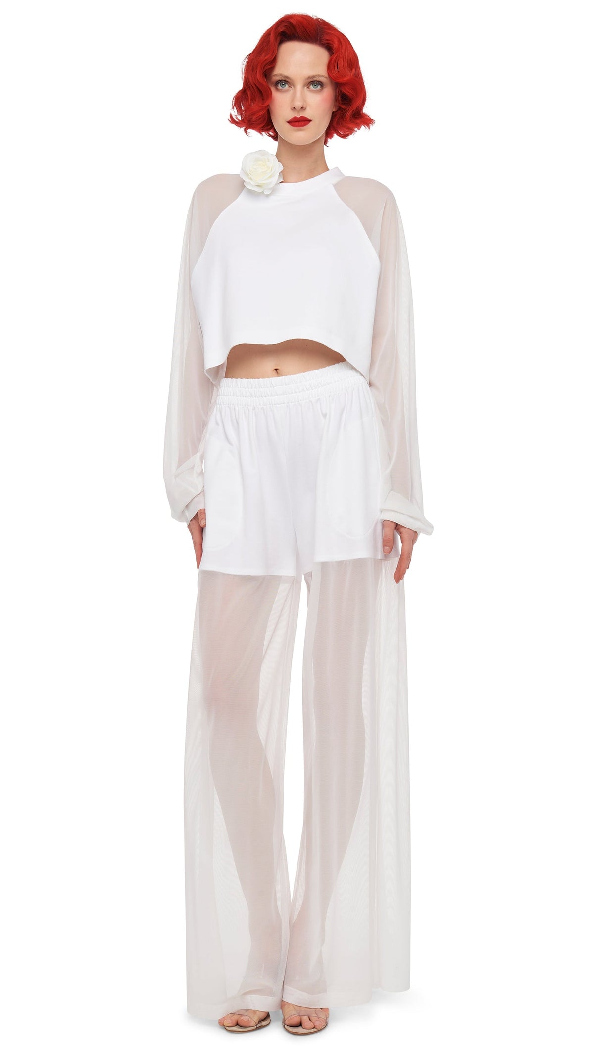 Norma Kamali OVERSIZED RAGLAN SLEEVE CROPPED TOP W/ MESH