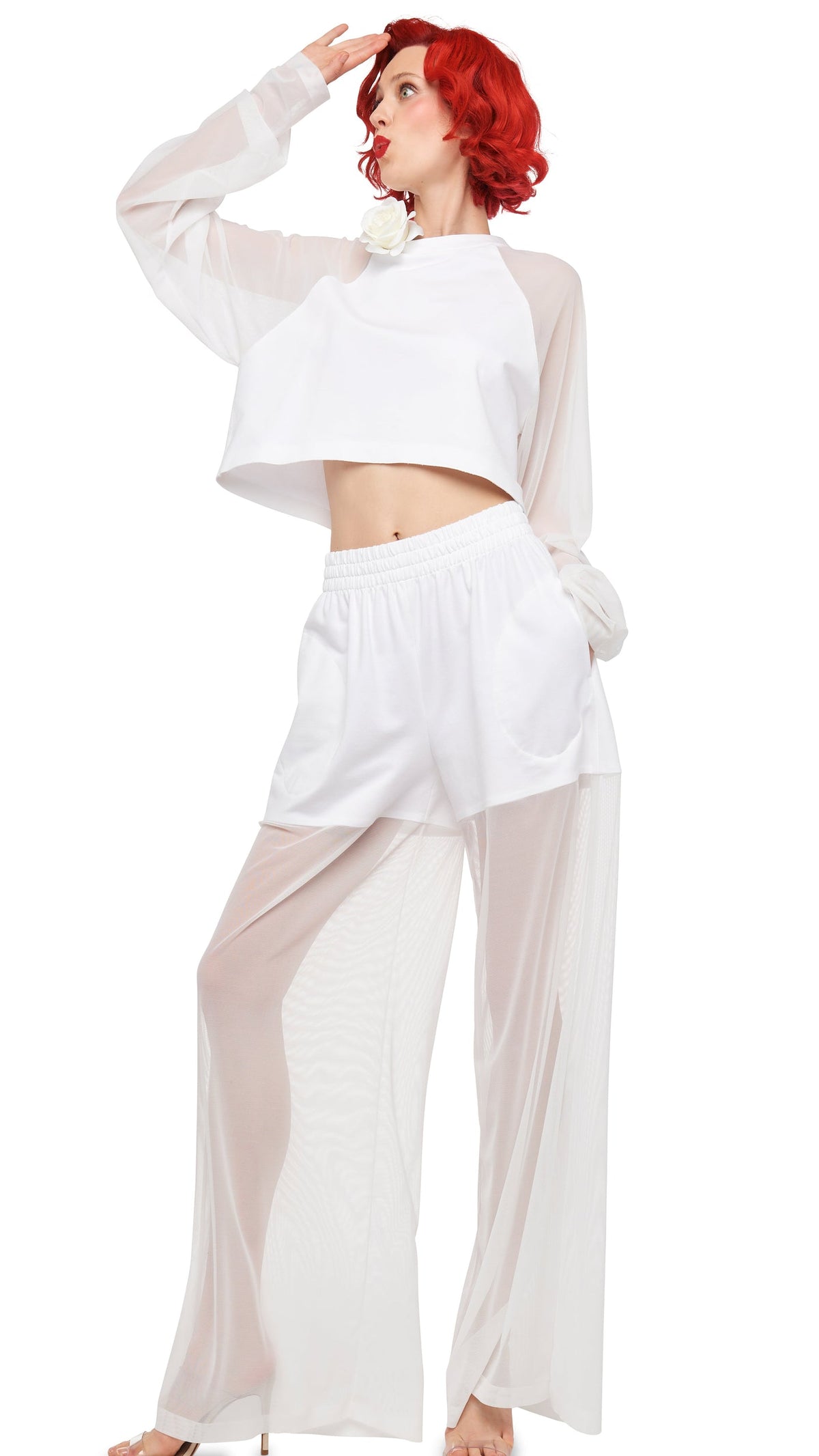 Norma Kamali OVERSIZED RAGLAN SLEEVE CROPPED TOP W/ MESH