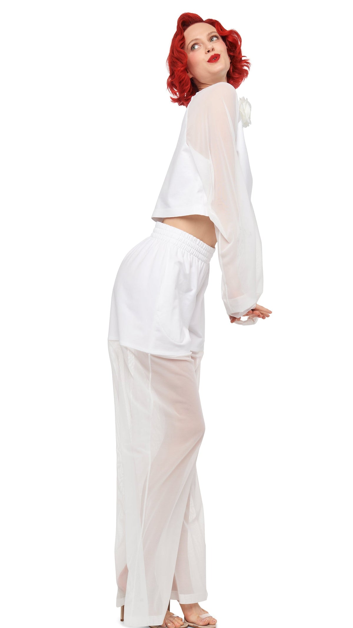 Norma Kamali OVERSIZED RAGLAN SLEEVE CROPPED TOP W/ MESH