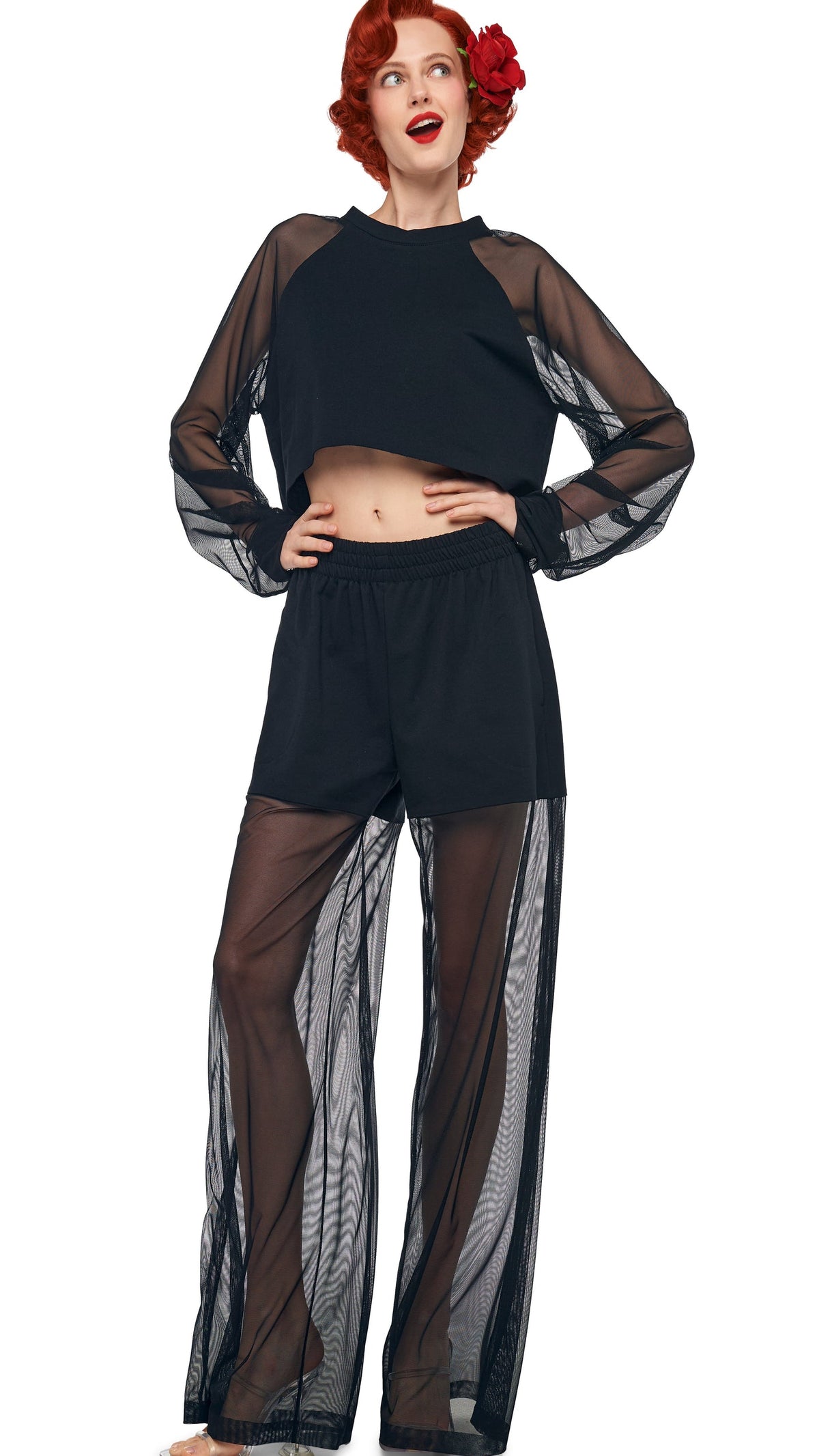 Norma Kamali OVERSIZED RAGLAN SLEEVE CROPPED TOP W/ MESH