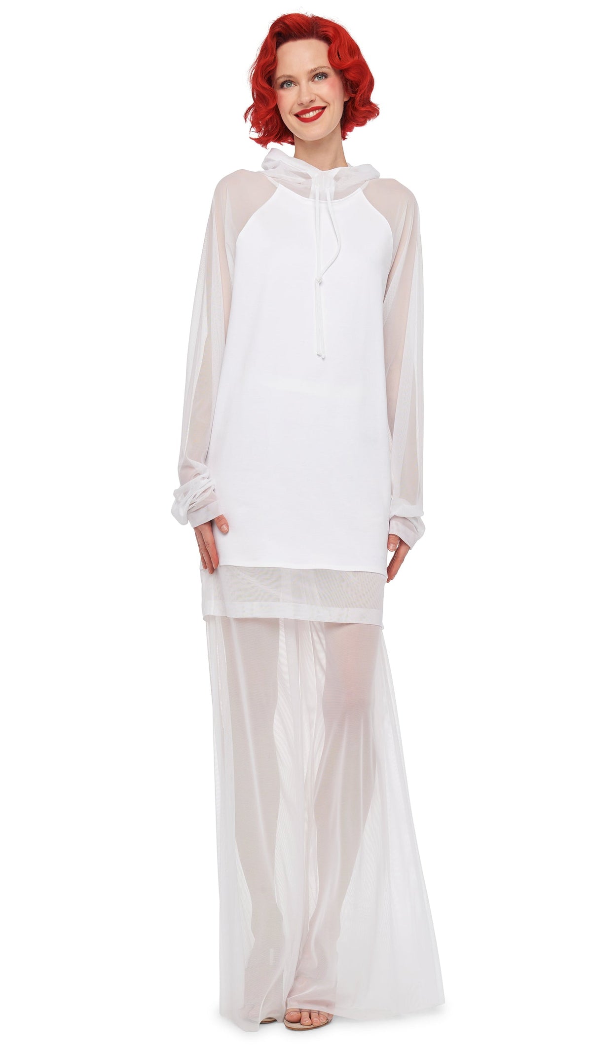 Norma Kamali OVERSIZED RAGLAN SLEEVE HOODED MINI DRESS W/ MESH