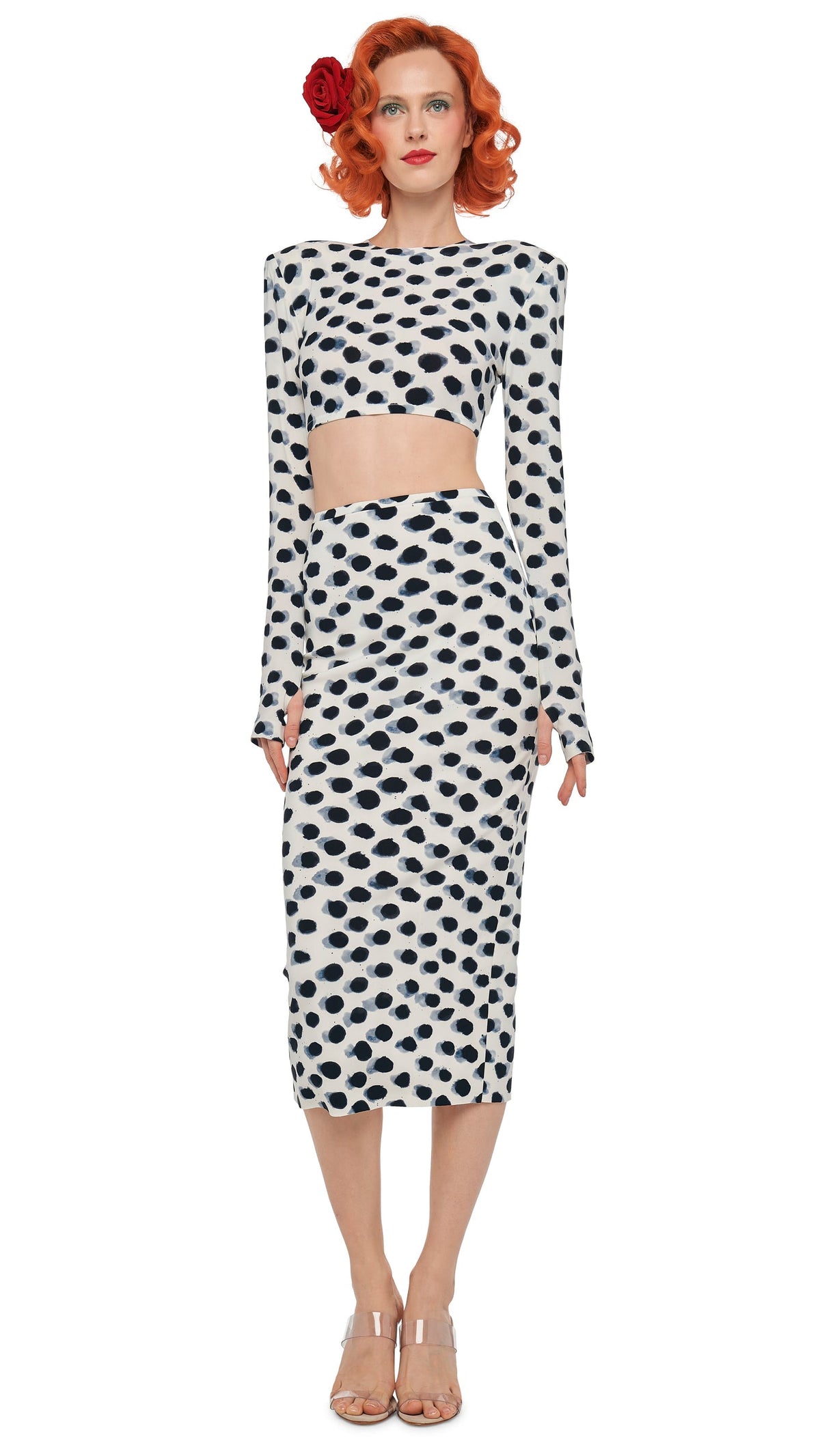 Norma Kamali CROPPED SHOULDER PAD LONG SLEEVE CREW TOP