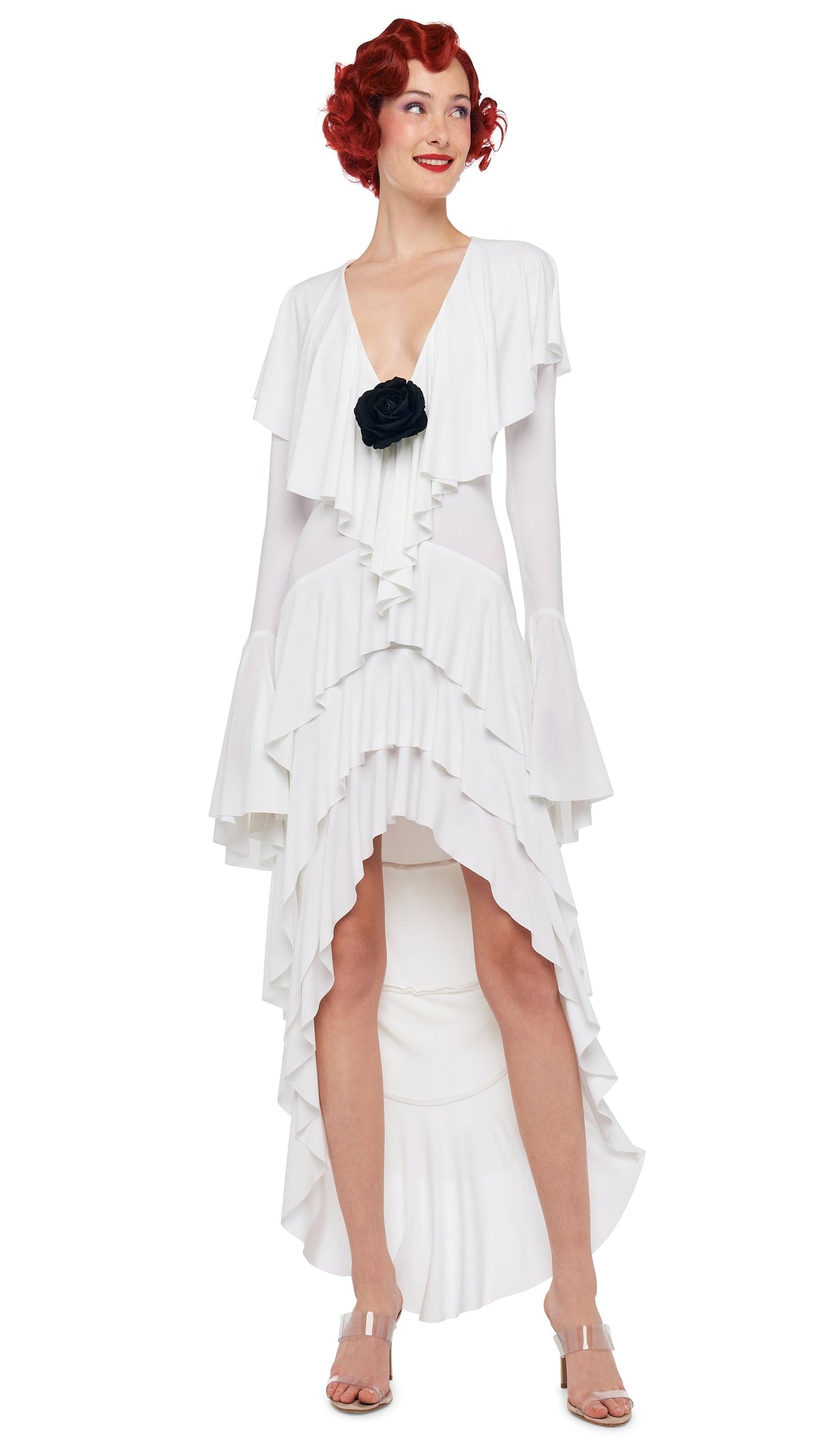 Norma Kamali HI LOW LONG SLEEVE DEEP V RUFFLE GOWN