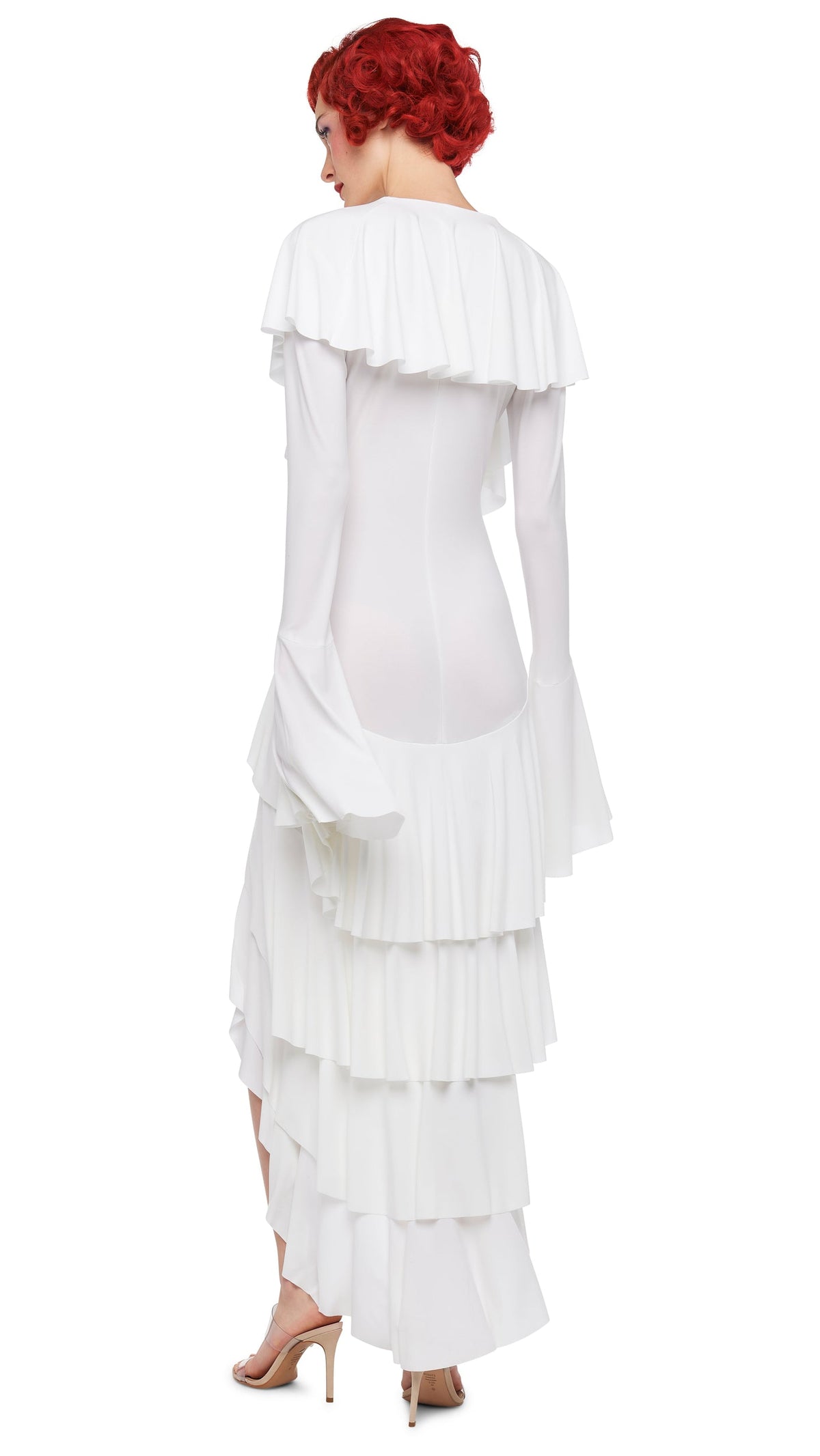 Norma Kamali HI LOW LONG SLEEVE DEEP V RUFFLE GOWN