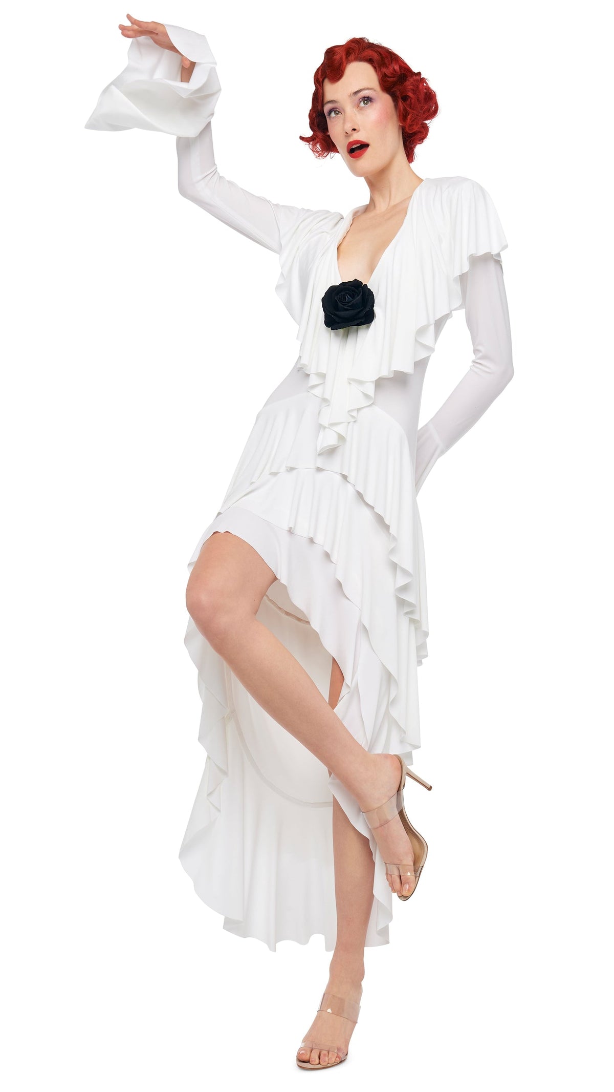 Norma Kamali HI LOW LONG SLEEVE DEEP V RUFFLE GOWN