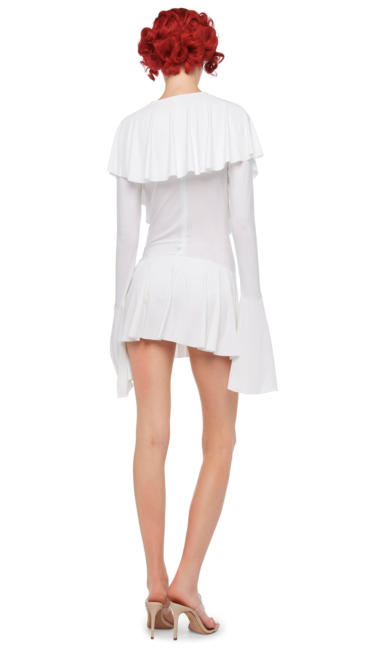 Norma Kamali LONG SLEEVE DEEP V RUFFLE MINI DRESS