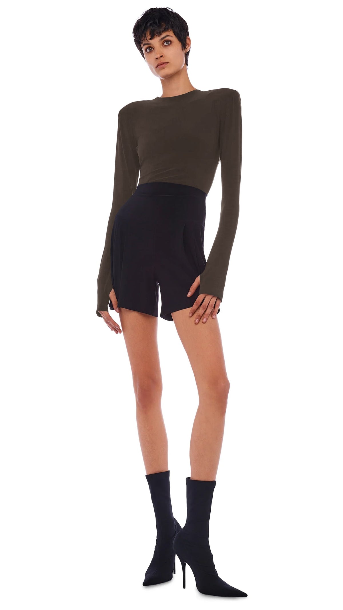 Norma Kamali SHOULDER PAD LONG SLEEVE CREW TOP