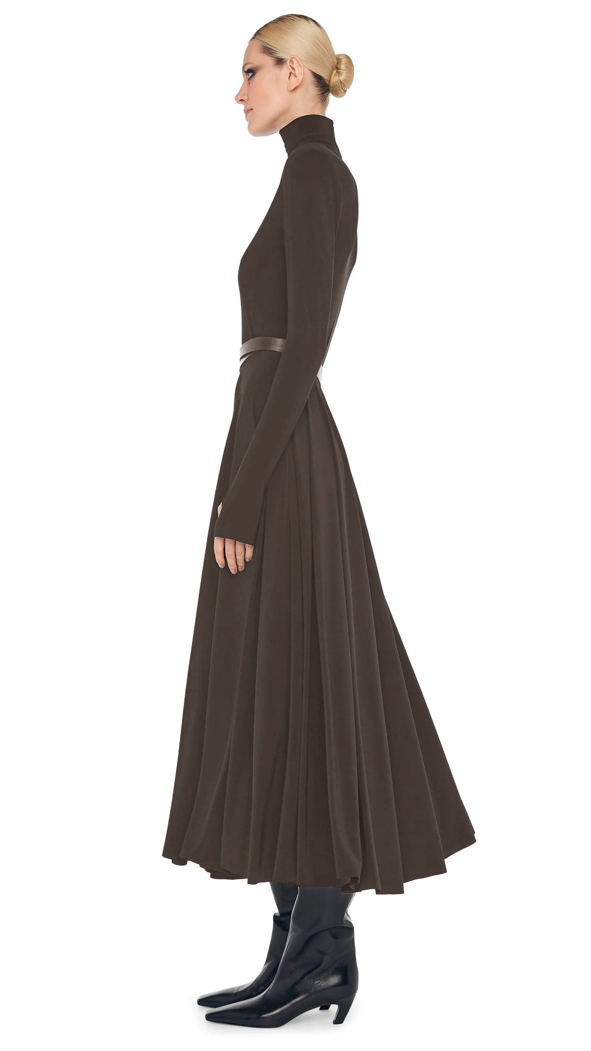 Norma Kamali LS SHOULDER PAD TURTLE FLARED DRESS
